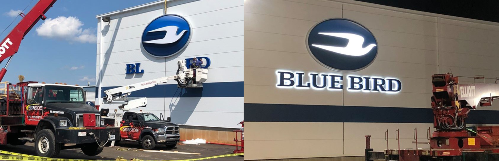 The Sign Stores Fleet of Cranes and trucks install the lighted blue bird sign to the building