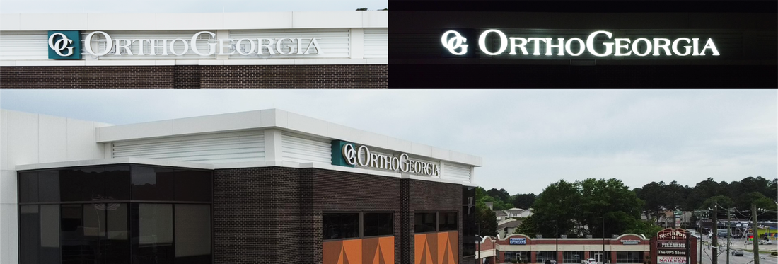 Lighted Channel Letter Sign on OrthoGeorgia Building. Collage of Day, night and side view images